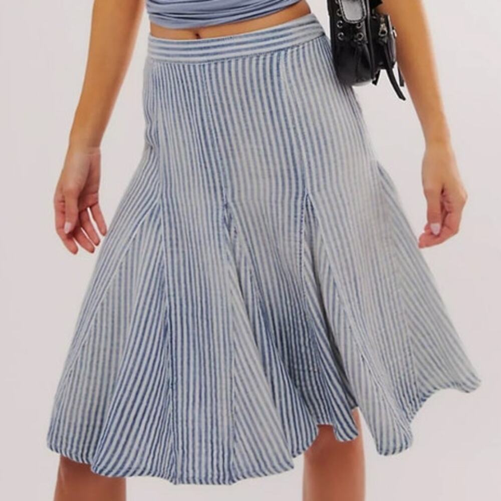 Free People Blue Summer Stripe Candace Midi Skirt Sz M